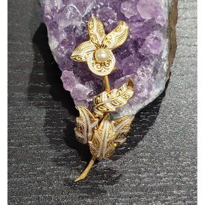 Vintage Costume Jewelry Damascene Faux Pearl Floral Flower Brooch Pin